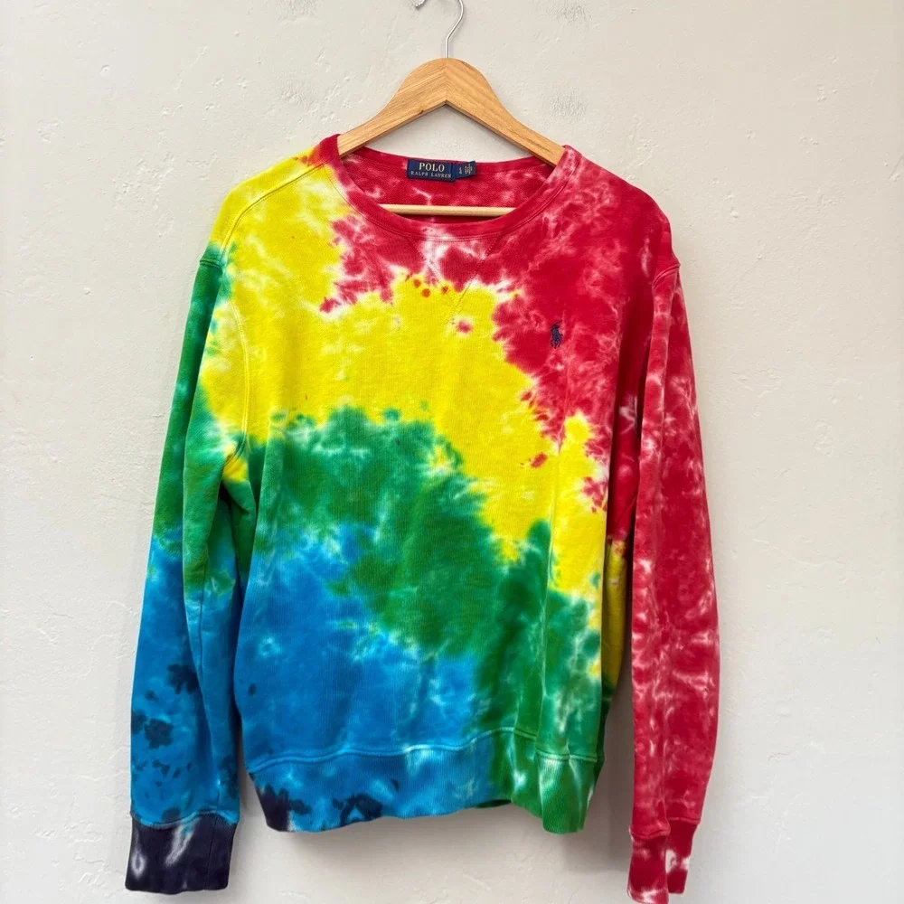 Polo Ralph Lauren Tie Die Sweatshirt Men Size Large Rainbow Pullover Long Sleeve